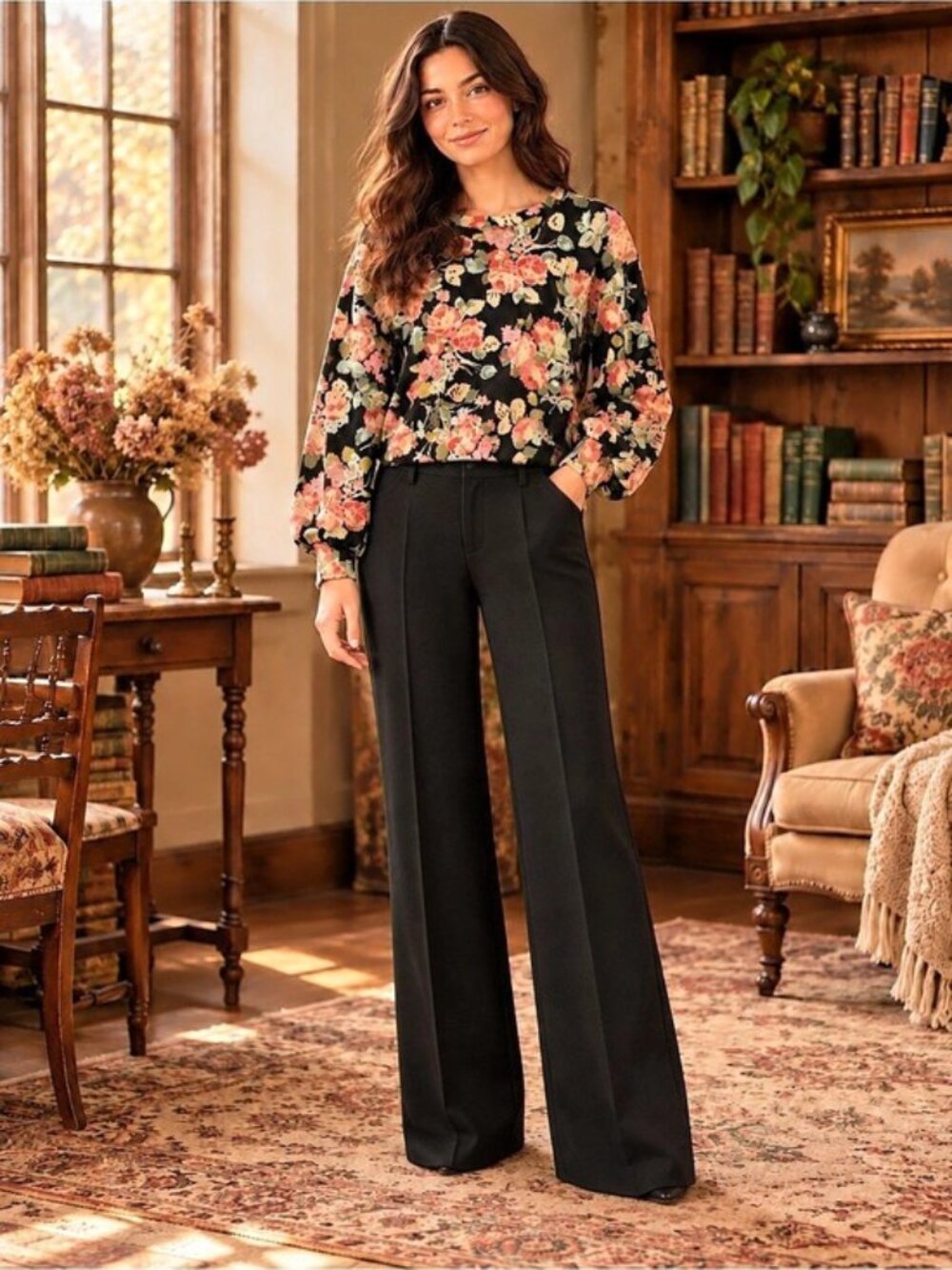 LOFT Black Floral Long Sleeve Knit Top L Romantic Cottagecore Boho
